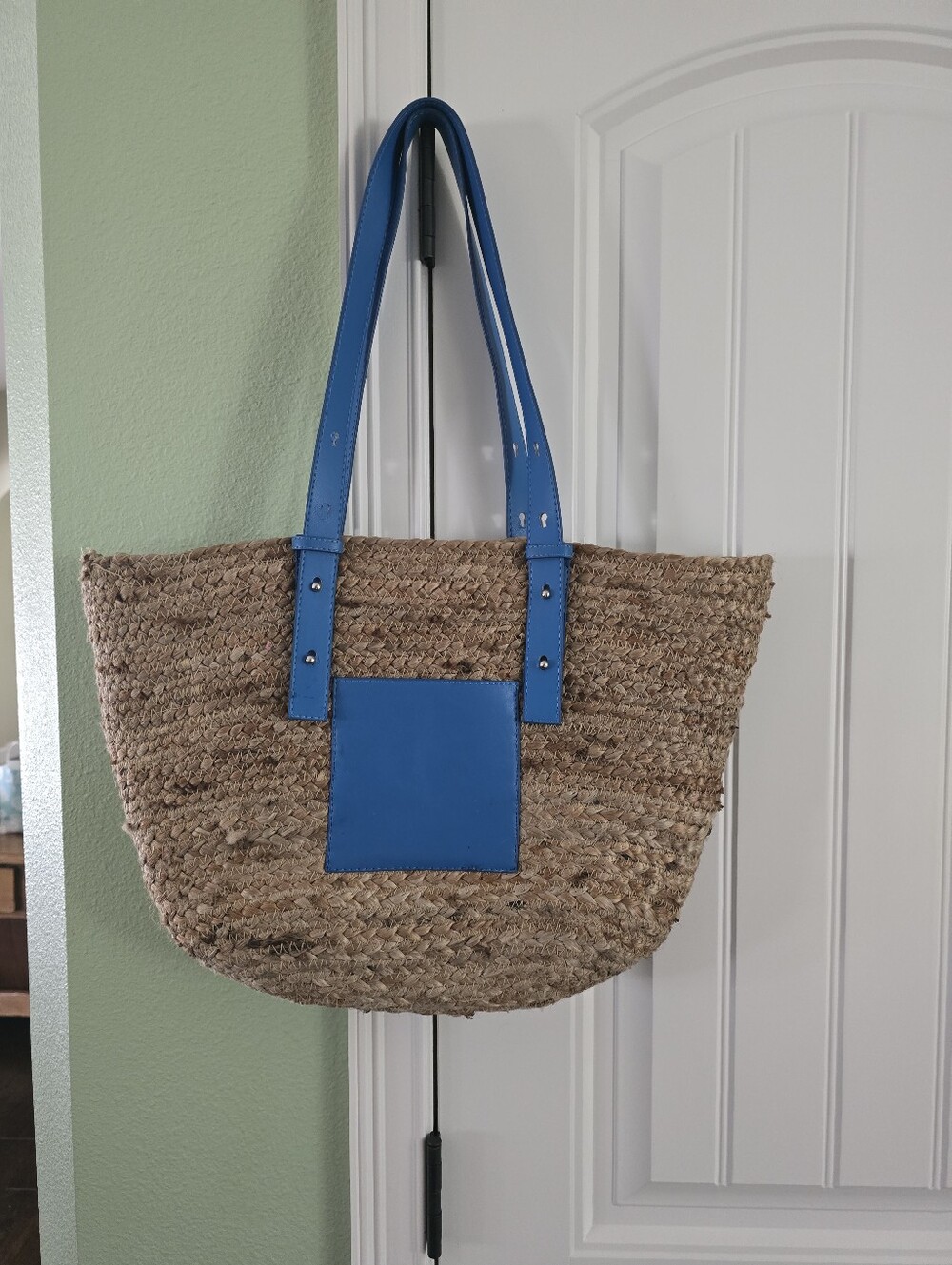 Blue-Accent Woven Jute Tote Bag
